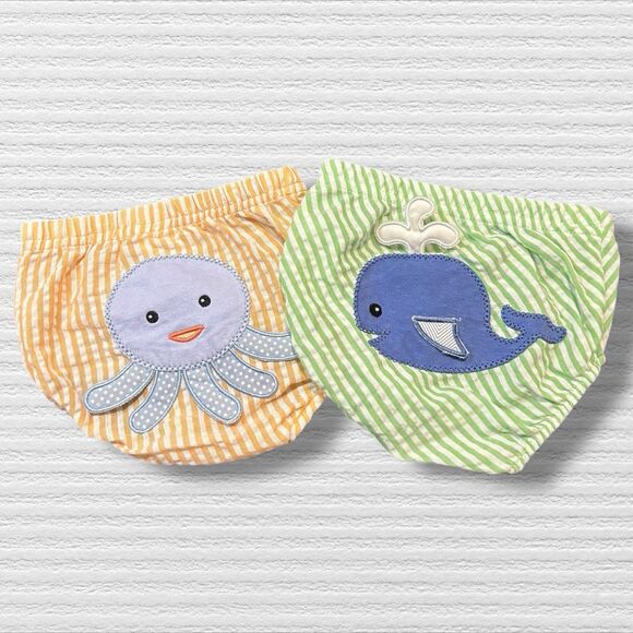 Baby Aspen Bloomers 0-6  M Set of 2 Diaper Covers Octopus Whale Seersucker Strip - Picture 1 of 4